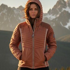 🏔️KÜHL PROJEKT Down Puffer Jacket | Hooded Quilted Insulated Coat | Nude/Tan M